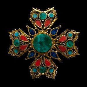 Vintage 1980s Signed ART Goldtone Maltese Cross Brooch With Multicolored Stones